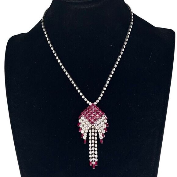Vtg Waterfall Dangling Crystal Rhinestone Necklace Womens Clear & Red Adjustable - Picture 3 of 7
